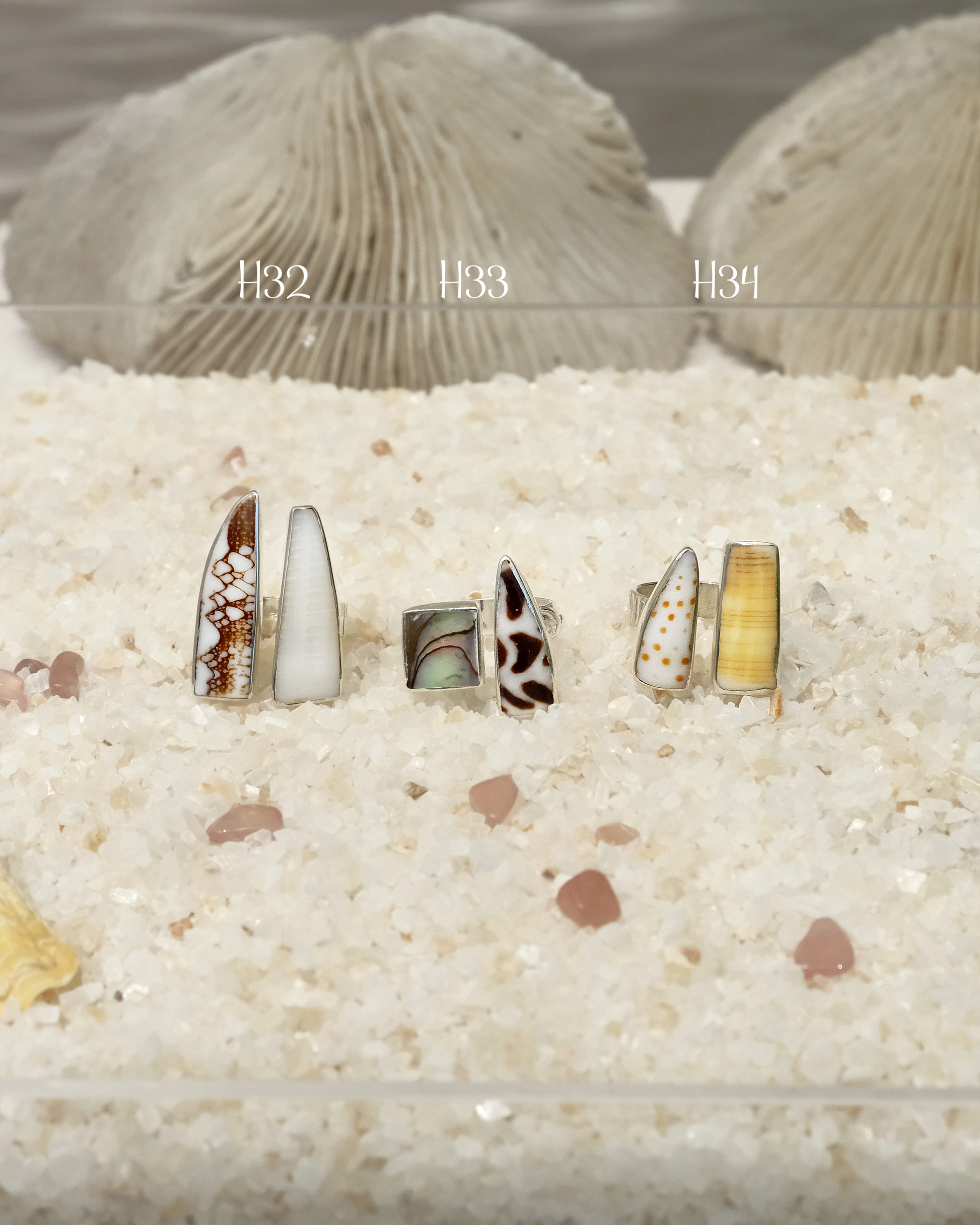 Adjustable 925 silver shell rings with unique ocean-inspired designs