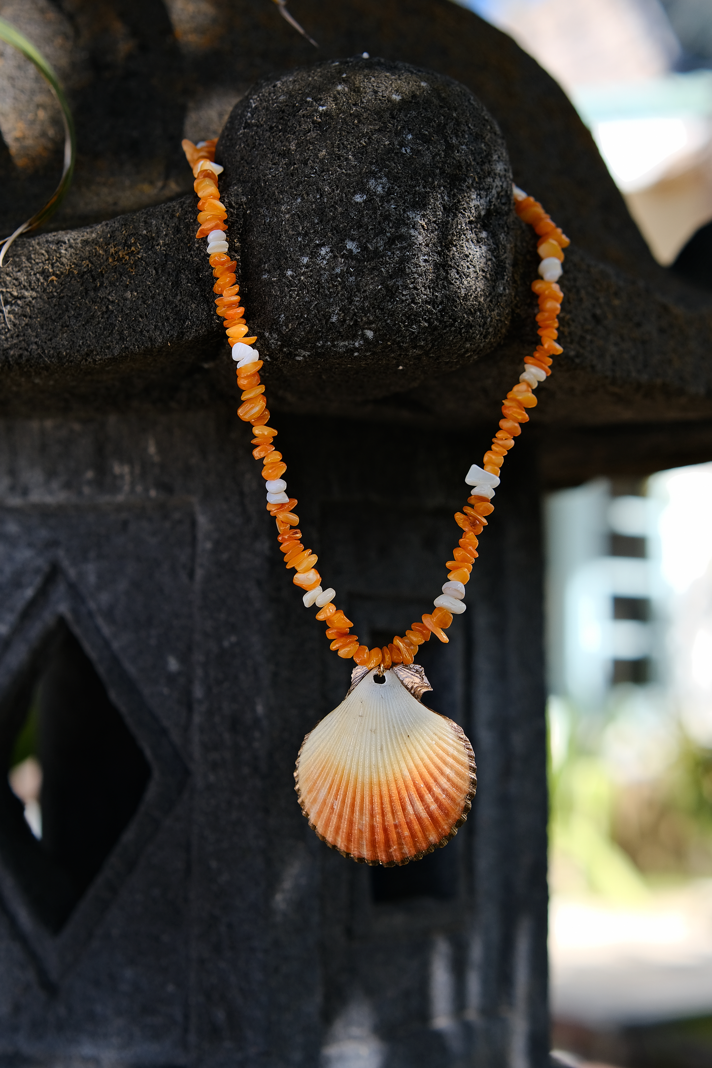 Sunny Scallop Necklace with Orange Beads