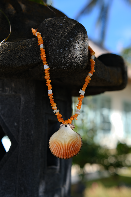 Sunny Scallop Necklace with Orange Beads