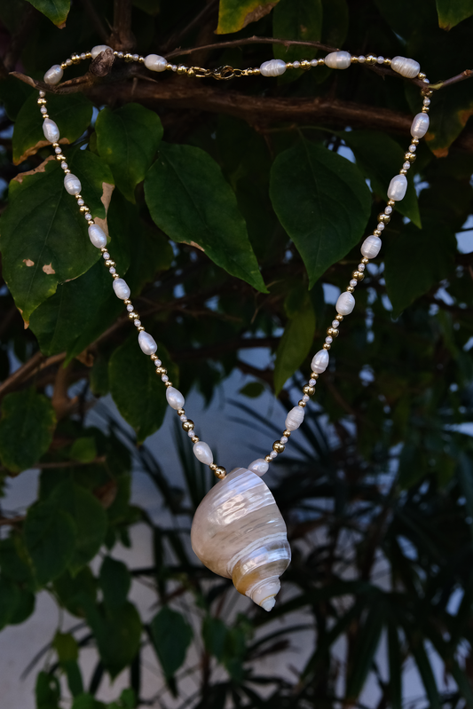 Pearl and Gold Seashell Charm Necklace