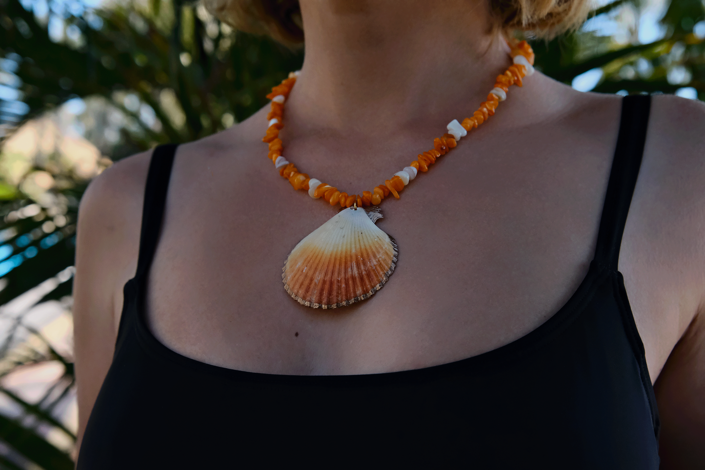 Sunny Scallop Necklace with Orange Beads