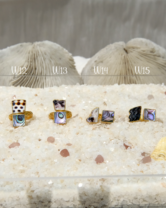 Gold-plated adjustable rings with natural shell inlays