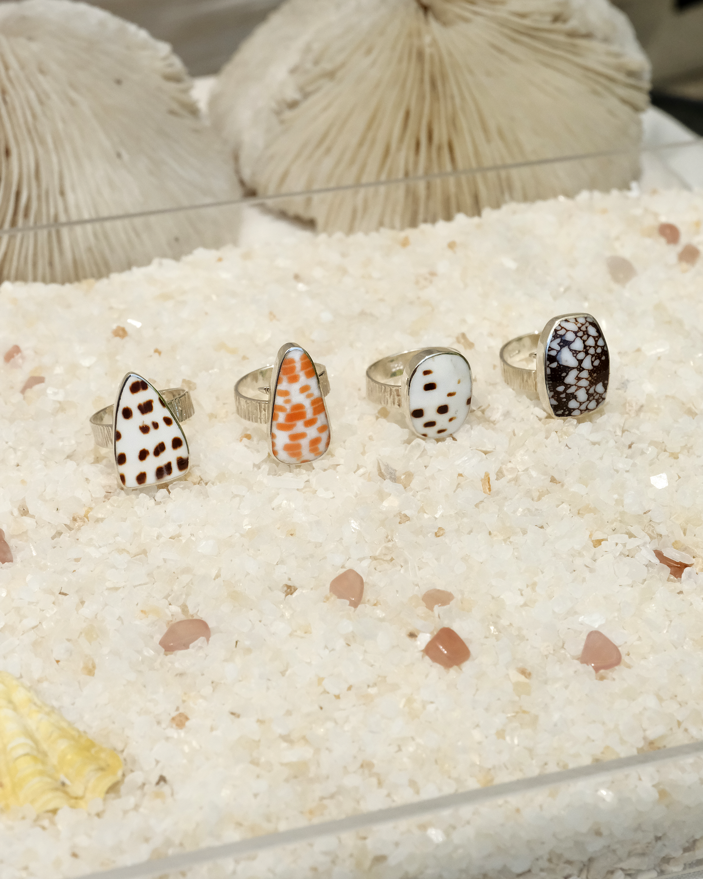 Ocean-inspired adjustable silver shell rings with unique patterns